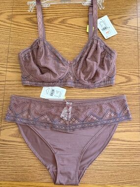 Amoena 2pc Set-36D Mastectomy No Wire Bra, Mauve - Matching Panties size 10 NWT
